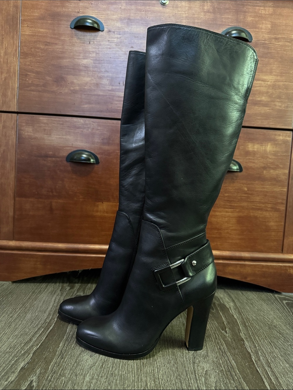 Vince Camuto Cheree Black Leather Knee-High Block Heel Boots